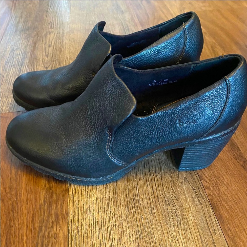 Black Leather Slip-On Block Heel Shoes